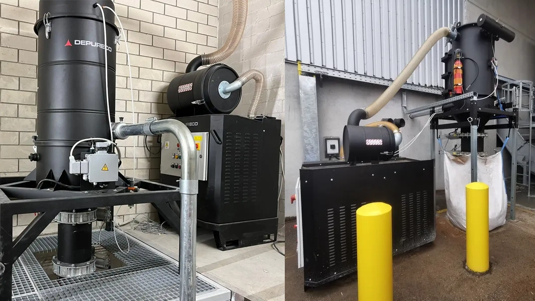 Centralt st&oslash;vudsugnings-anl&aelig;g med Depureco DV AIR 800 filter og big-bag-beholder installeret i en industriel hal