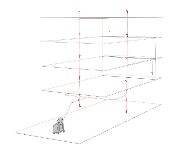 Illustration of centralised vacuum system with piping from all floors to pump station