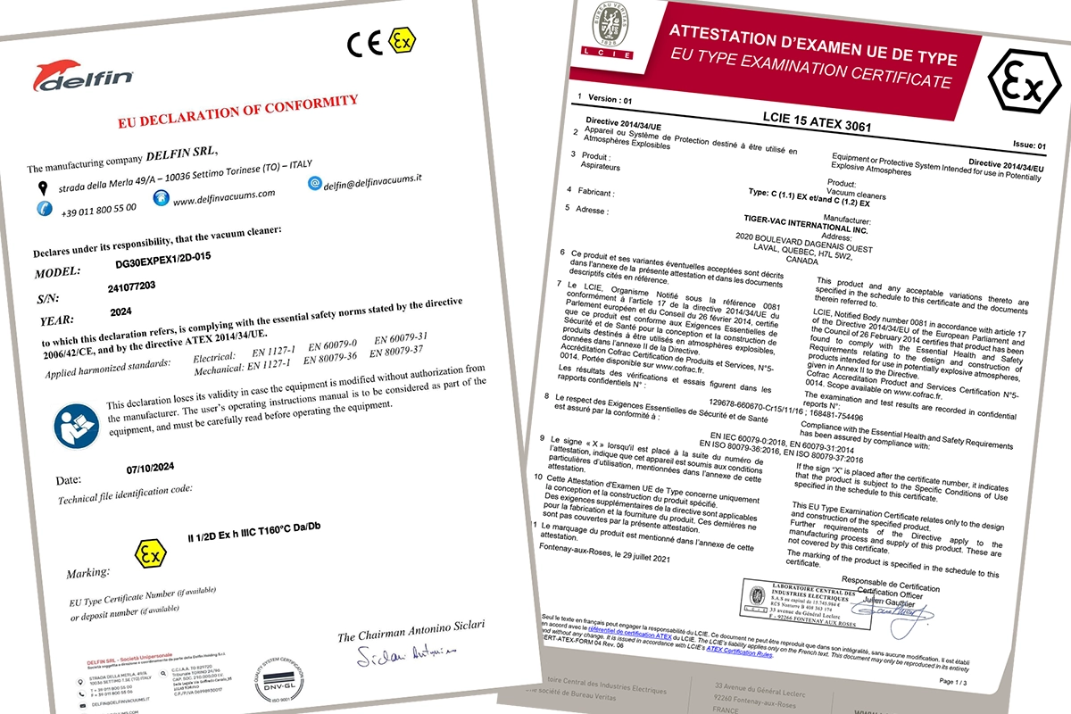 Certificates and test reports for ATEX and ACD vacuum cleaners from Delfin, Depureco and Tiger-Vac