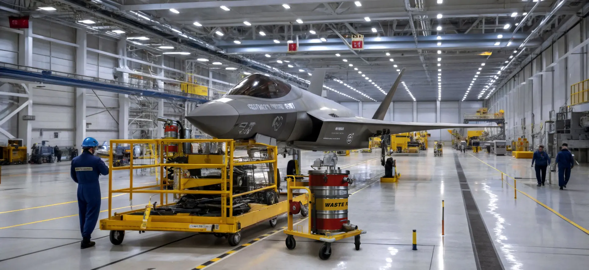 Tiger-Vac eksplosionssikret st&oslash;vsuger til opsamling af flybr&aelig;ndstof ved et F-35 kampfly