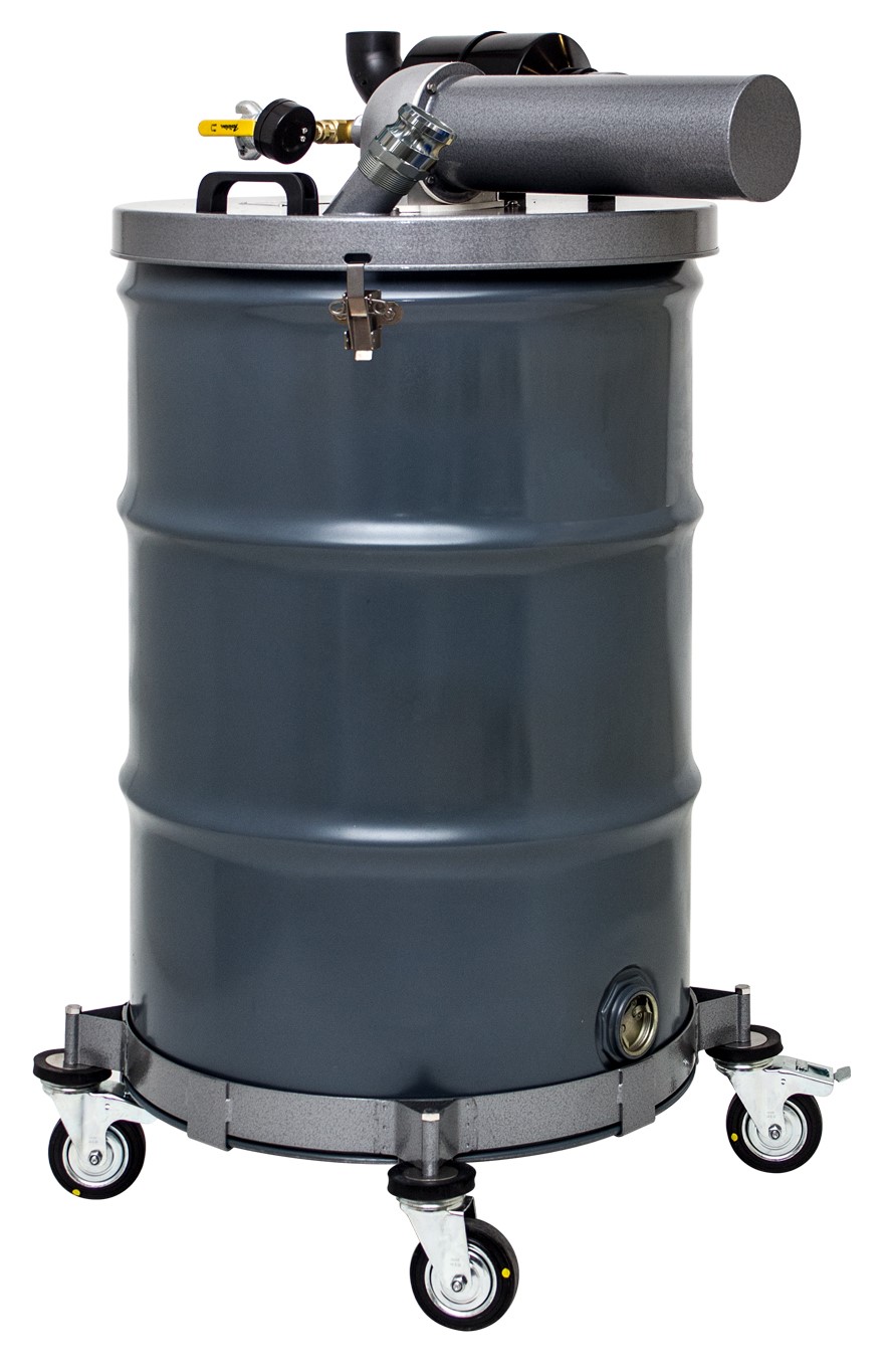 Tiger-Vac CSSD-55 (TF) HEPA SINGLE VENTURI -- ESD-safe pneumatic vacuum for powder coating -- single venturi (7 mm), 204 m3/h, 208 L tank, HEPA H14, 4-wheel dolly, static dissipative and grounded