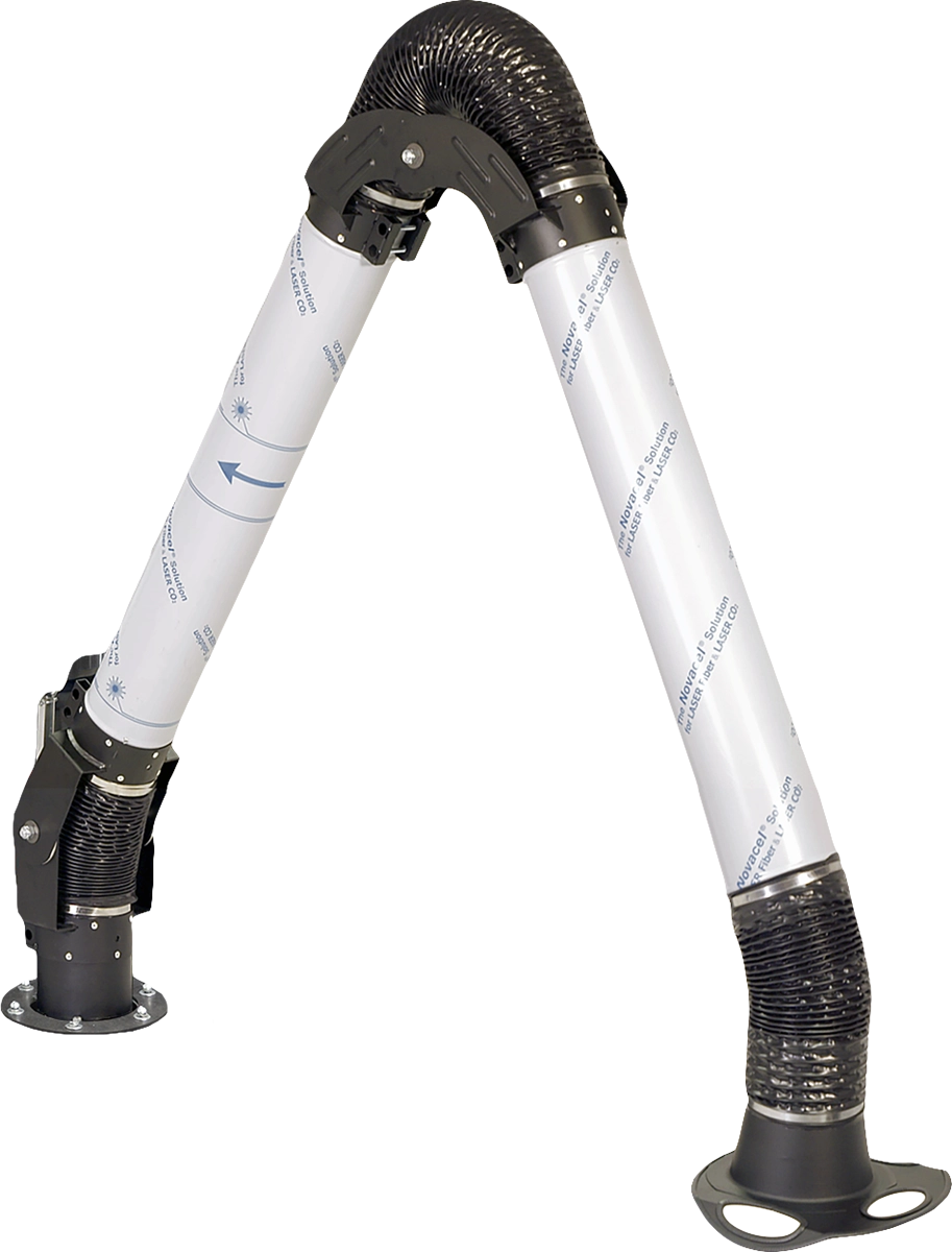 Leddelt sugearm med jordforbindelse monteret paa stationaer Delfin deduster -- 3000 mm raekkevidde, oe150 eller oe200 indloeb, anvendt til kildefangst af stoev og partikler ved svejsning, slibning og pulverhandtering