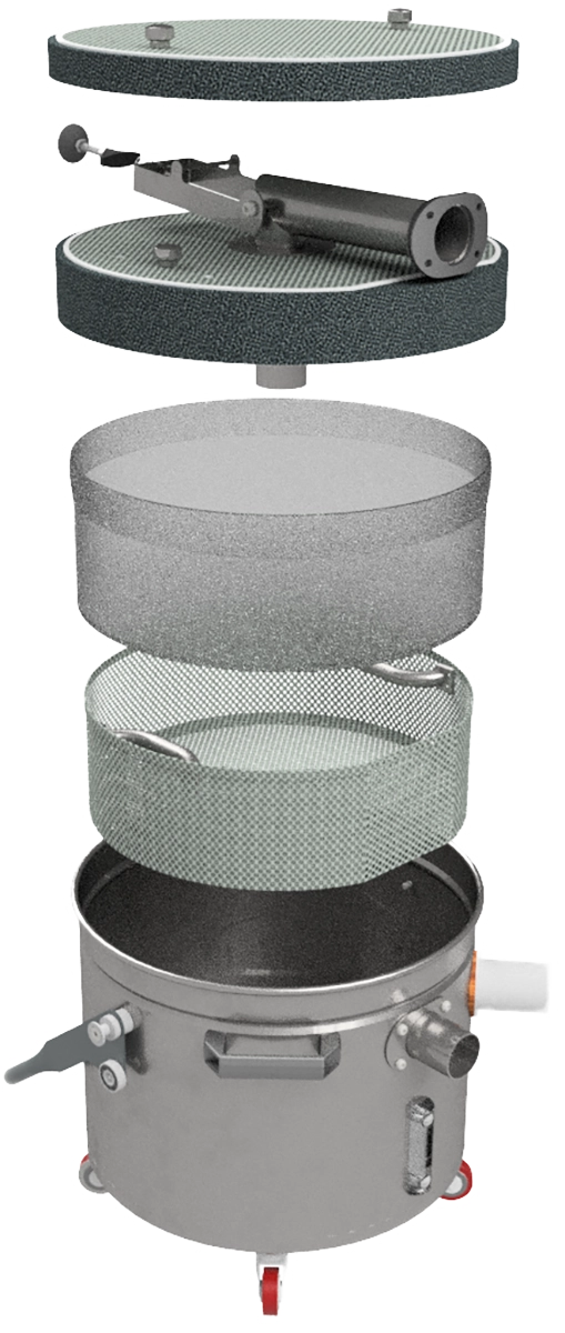 Gennemskaering af Delfins INERT-opsamlingsbeholder med neutraliseringsbad -- reaktivt metallisk stoev ledes direkte ned i vaesken og inaktiveres foer det kan komme i kontakt med ilt eller gnister