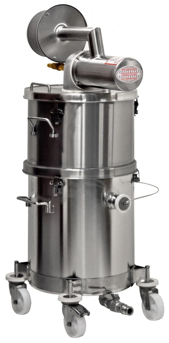 Tiger-Vac SS-10 (4W) RE HEPA (MRAC) -- pneumatisk ATEX-støvsuger i rustfrit stål på 4-hjulet dolly, med aktivt kulfilter og HEPA H14