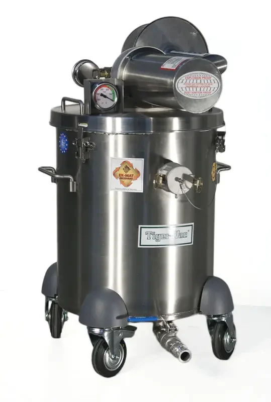 Tiger-Vac SS-10 (4W) RE HEPA. Air-driven ATEX combined vacuum for Zone 1 gas and Zone 21 dust in stainless steel on a 4-wheel dolly