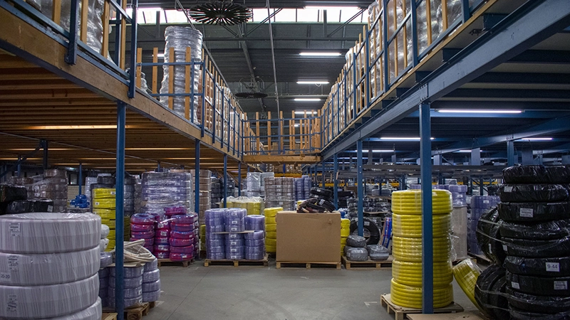 Warehouse with packed hoses