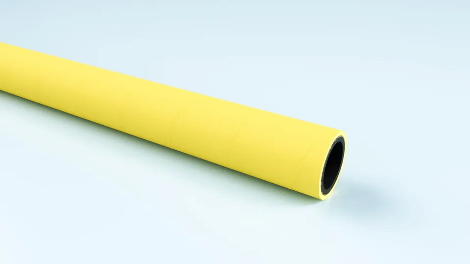 Yellow EPDM compressed air hose, coiled.