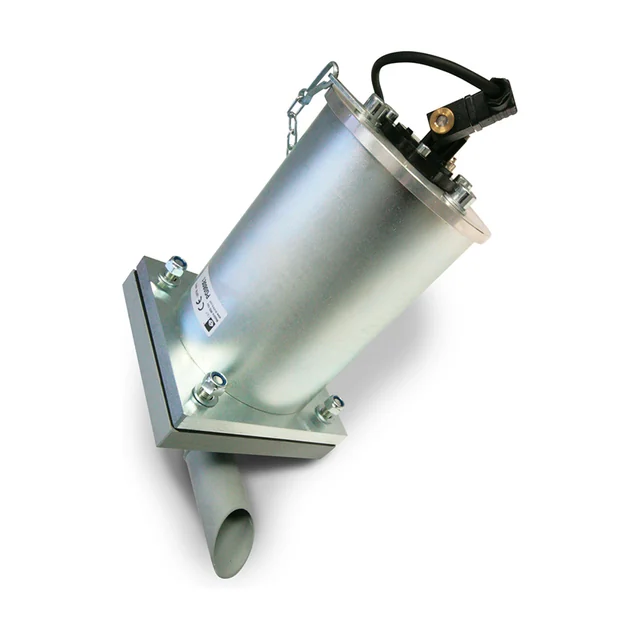 Air cannon with discharge pipe, mounted on an angled bracket.