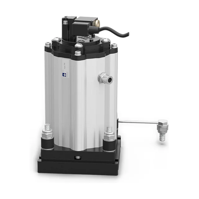 A pneumatic hammer seen from the front at an angle: a ribbed aluminium housing with a solenoid valve and cable on top, bolted down on a black square plate.