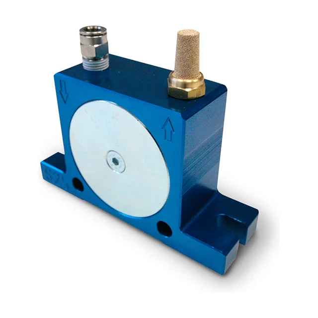 Pneumatic ball vibrator in a blue cast housing with the air inlet on top.