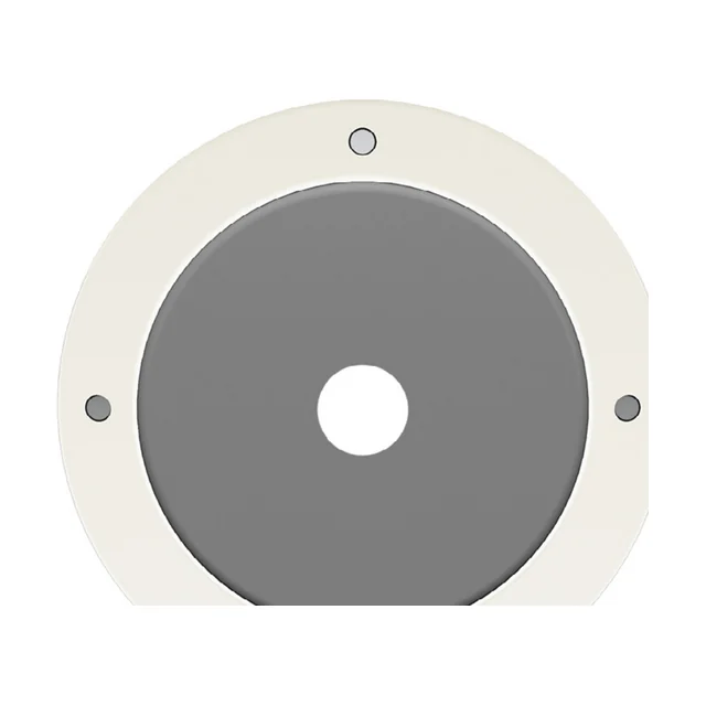 Circular mounting kit: a white round flange with three bolt holes and a grey gasket with a hole in the middle.