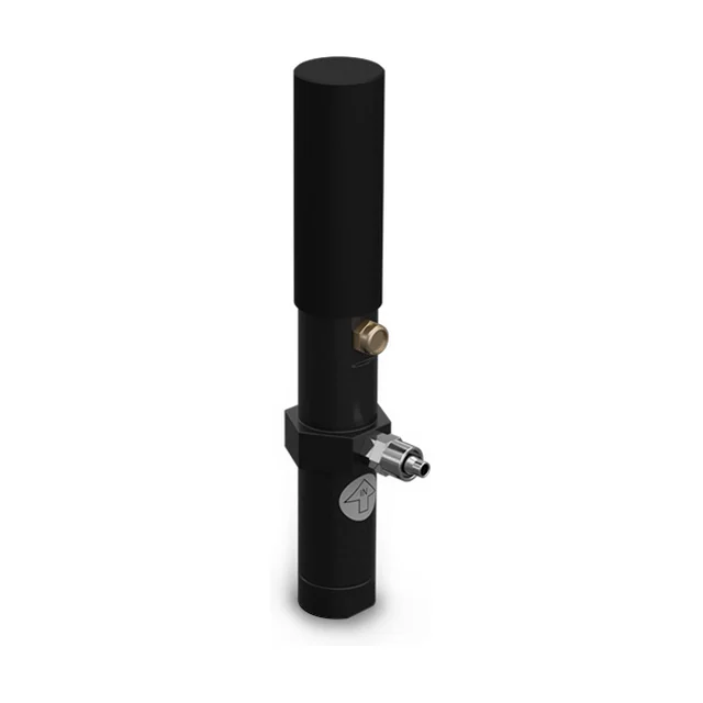 The smallest adjustable piston vibrator, seen from the front: a slim black cylinder with a hexagonal collar at the middle, a brass silencer above the collar and a steel air connection below it.