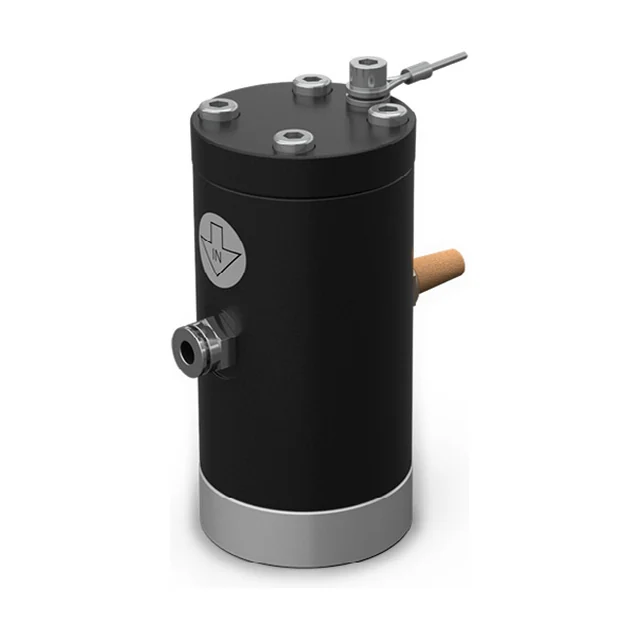 A cushioned piston vibrator without a flange, seen from the front at an angle: a matt black cylinder with a black cover on top and a bright aluminium ring at the bottom, a brass silencer and a steel air connection on the side, and on top a threaded stud with a thin rod.
