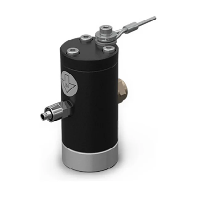 The smallest cushioned piston vibrator, seen from the front at an angle: a matt black cylinder with a black cover on top and a bright aluminium ring at the bottom, a brass hexagonal silencer on one side, a steel air connection on the other, and on top a threaded stud with a thin rod.