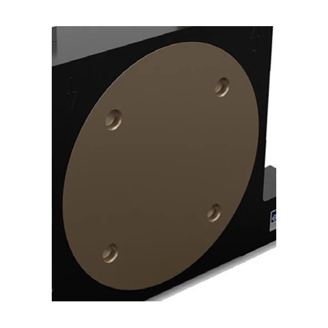 Close-up of the large round brass cover on the side of a black roller vibrator. Four countersunk holes sit near the rim of the cover. To the left and to the right of the cover two marks are cast into the front face of the body: a downward triangle and an upward arrow.