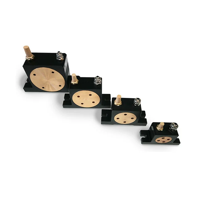 All four sizes lined up, seen from above at an angle and falling in size from left to right. Each unit has a black body, a round brass cover with four holes, a sintered bronze silencer on one connection and a foot with an open slot at each end.
