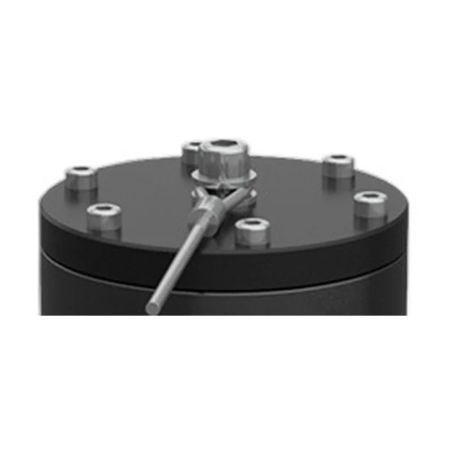 Close-up of the top of the vibrator: a black round cover with a ring of bright screws, a hexagonal nut in the middle, and from the middle a thin rod running at an angle out over the edge of the cover.