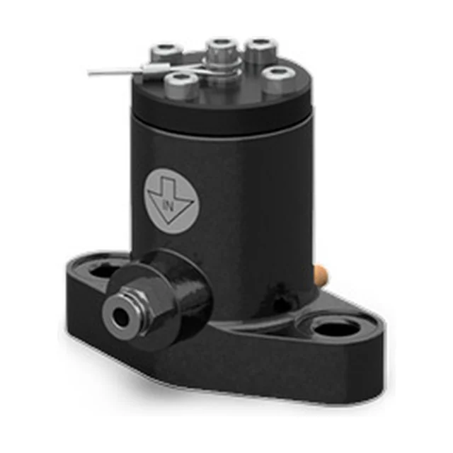 A continuous impact vibrator in one of the two smallest sizes, seen from the front at an angle: a matt black cylinder with an embossed mark on the side, a two lobed black foot with one hole in each lobe, a push-in air connection at the front, and on top a black cover with a ring of bright screws and a thin rod across it.