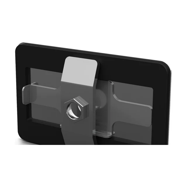 Rectangular mounting kit: a black oblong plate with a bracket across it and a nut in the middle.