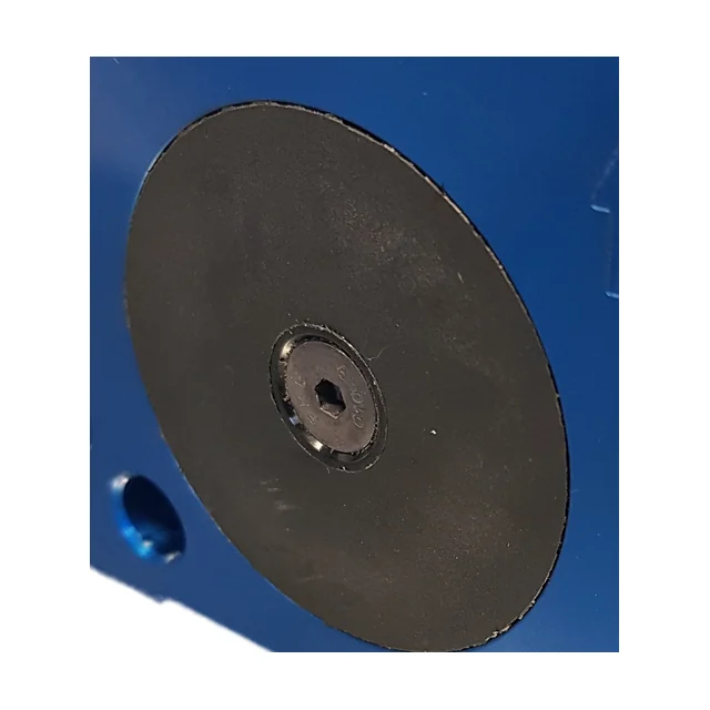 Close-up of the round, almost black cover on a blue ball vibrator. In the middle of the cover sits a recessed screw with a hex socket in a metal ring, and at the bottom of the picture the edge of a round hole in the foot is visible.