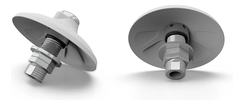 Two VBS bin aerators with a white disc-shaped head and a threaded stem.