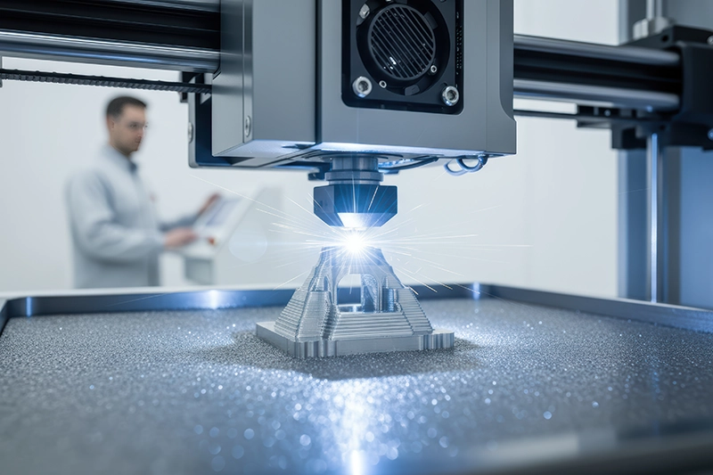 Metal 3D-printer med lasersintring og metalpulver på byggeplatform