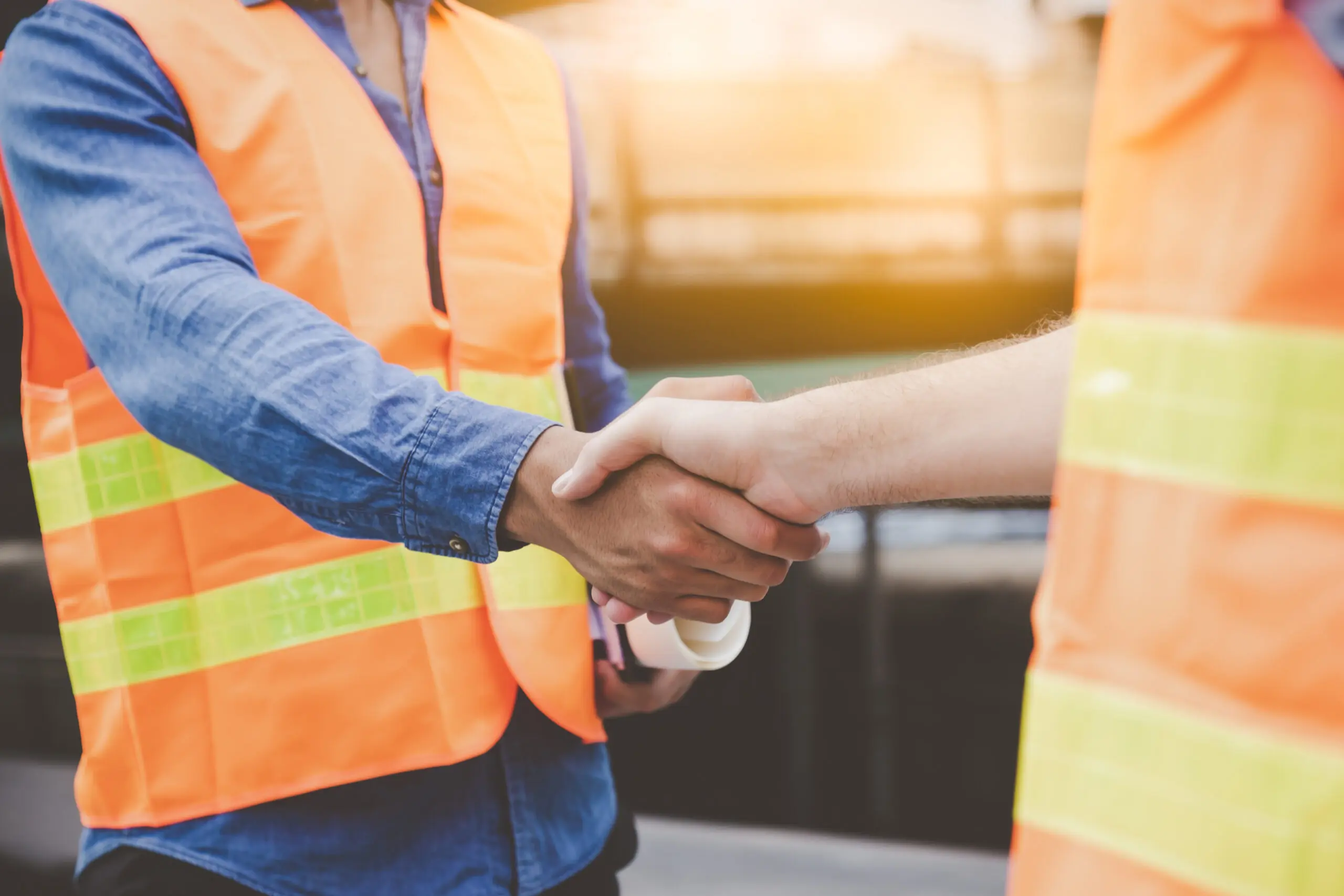 A handshake between two people in orange high-visibility vests at a plant