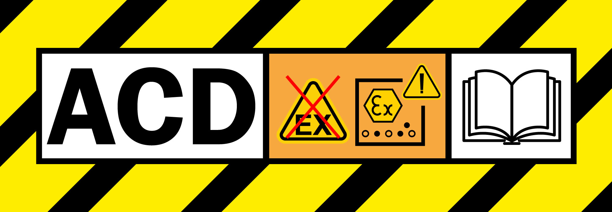 The official ACD label: yellow and black striped background, ACD lettering, crossed-out EX triangle and EX symbol with exclamation mark