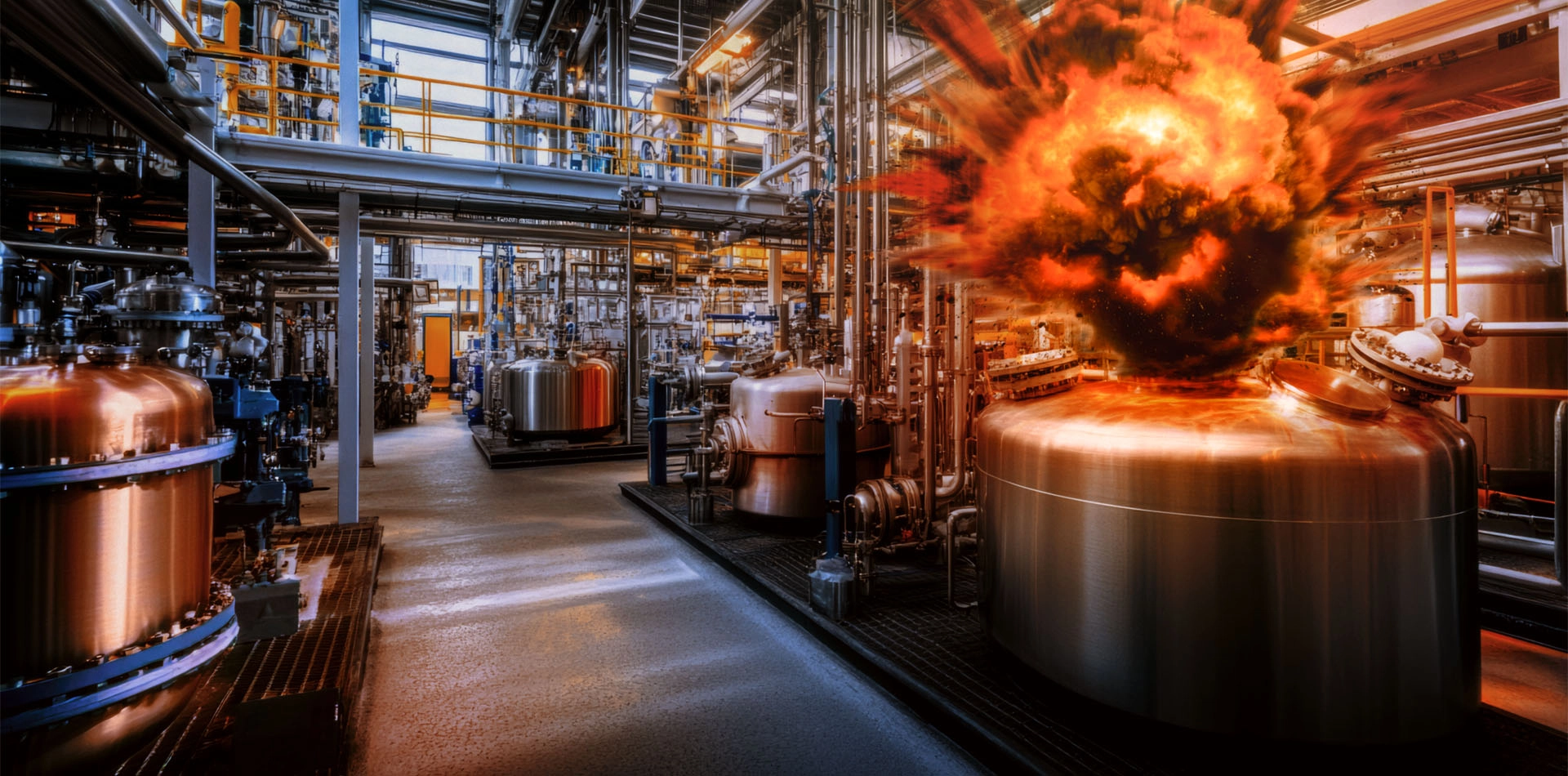 Eksplosion i kemisk produktionsanl&aelig;g &mdash; ATEX-reglerne beskytter mod netop denne type h&aelig;ndelse n&aring;r br&aelig;ndbart st&oslash;v m&oslash;der ant&aelig;ndingskilder