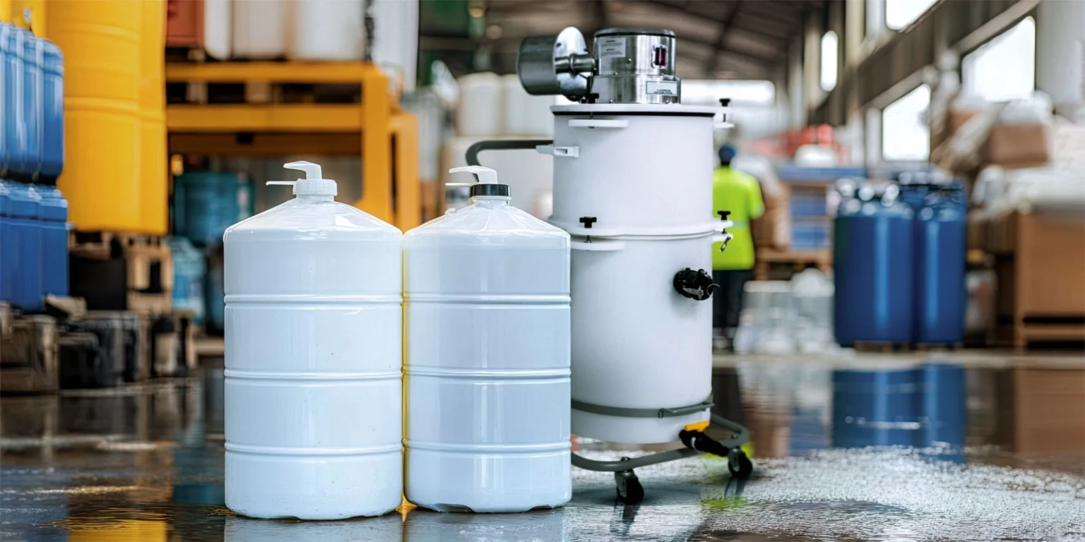 Industriel v&aelig;skeopsamler i baggrunden af produktionsmilj&oslash; med kemikaliebeholdere og v&aring;dt gulv