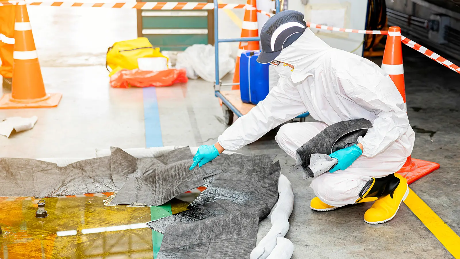 Person i hvid PPE h&aring;ndterer kemikaliespild med absorberingsm&aring;tter i et industrielt milj&oslash; uden synlig ATEX-klassificering eller filtreringsudstyr