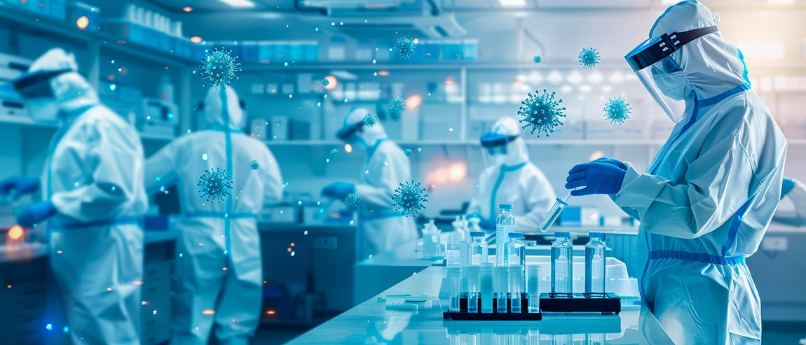 Laboratorieteknikere i beskyttelsesdragter arbejder med potentielt farlige stoffer &mdash; OEB-klassificerede milj&oslash;er kr&aelig;ver dokumenterbar kontrol