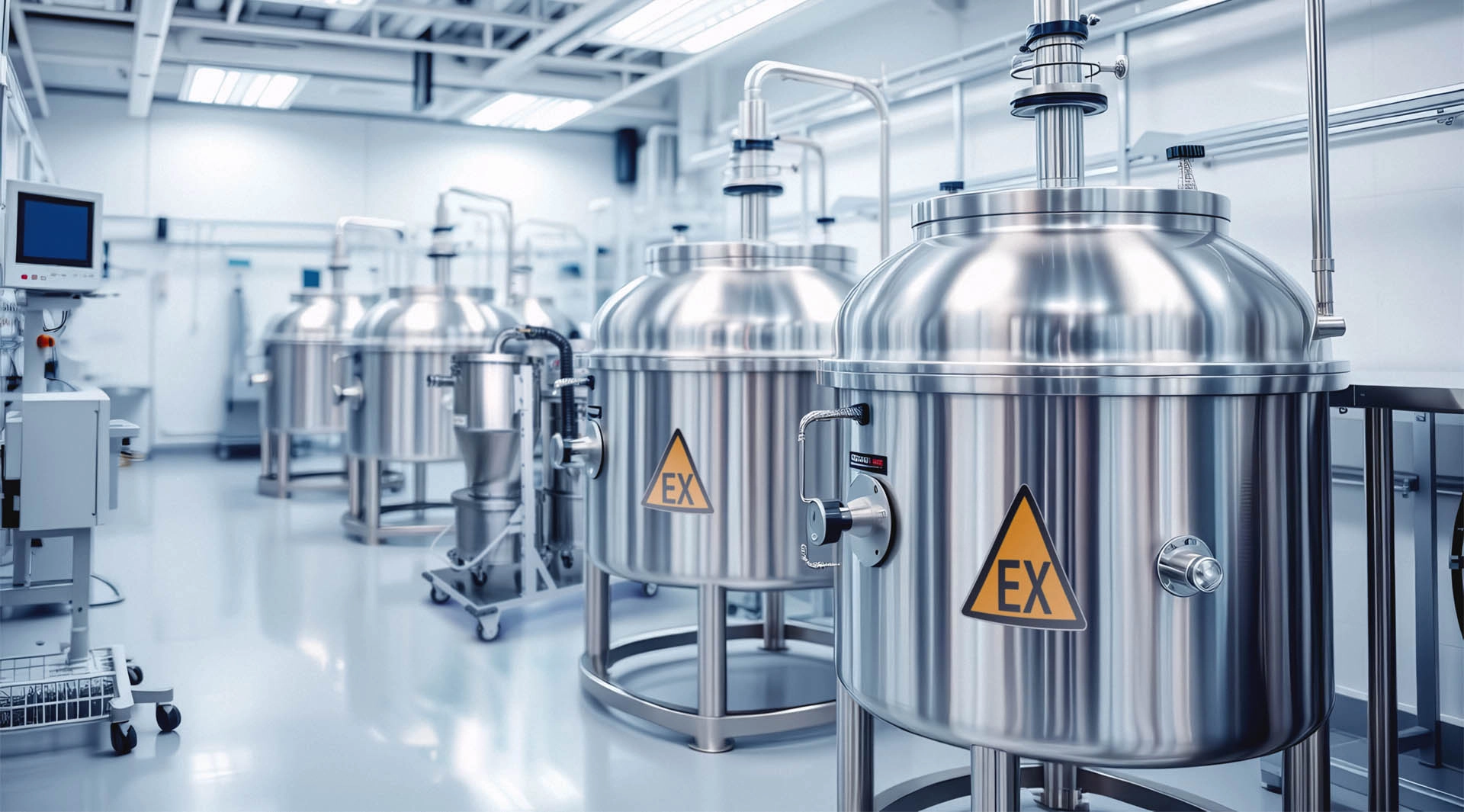 Stainless steel tanks with EX marking in an industrial cleanroom environment