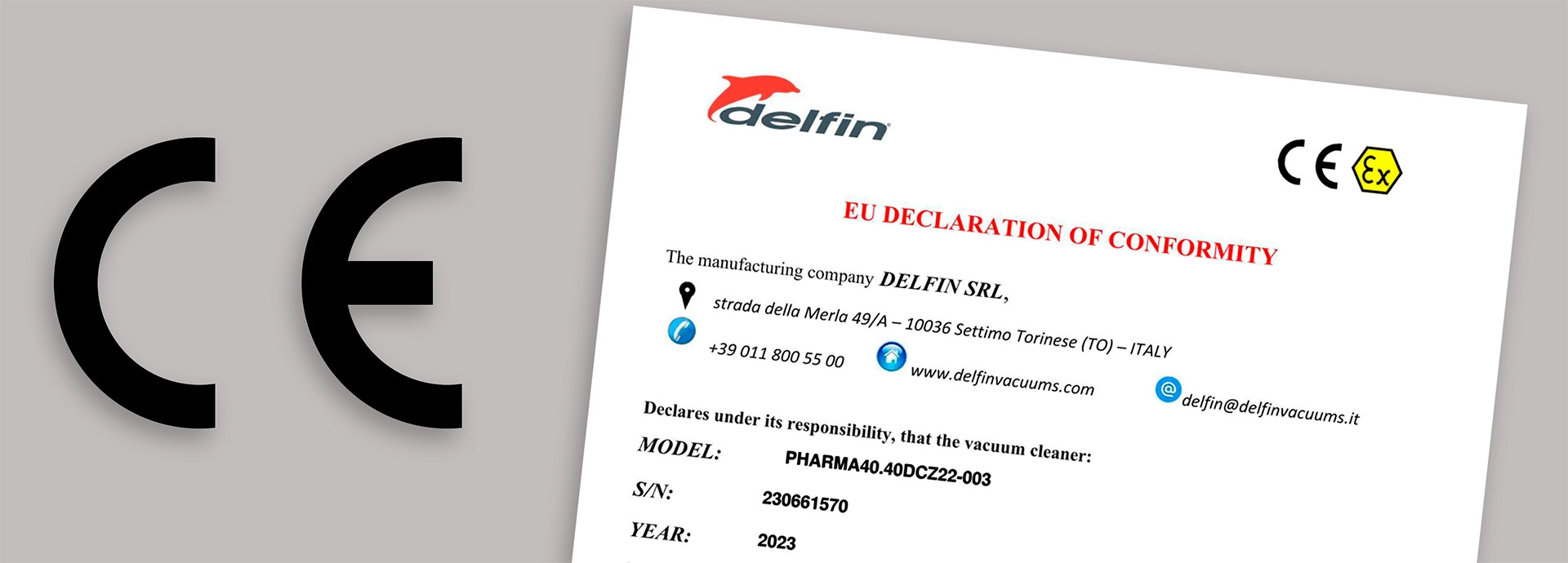 CE marking and EU declaration of conformity from Delfin showing both CE and Ex marking