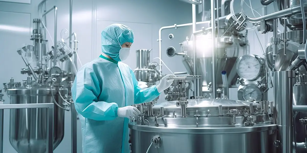 An employee in a GMP suit operating a stainless steel process vessel in a cleanroom