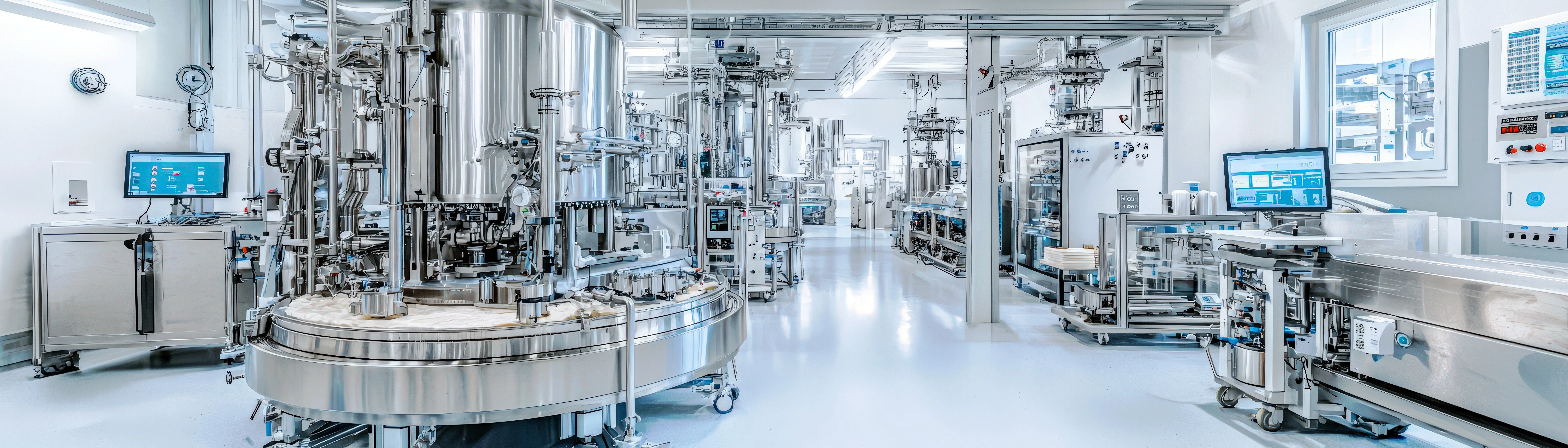 Industrial pharmaceutical environment with stainless steel process equipment and clean production lines
