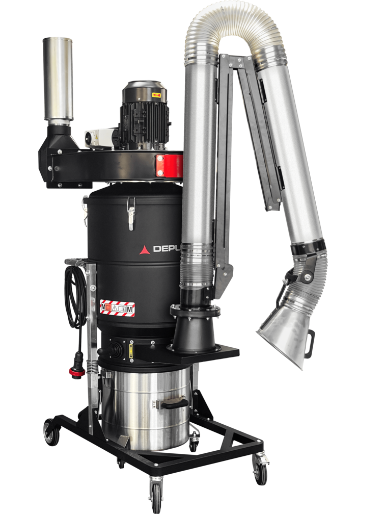 Depureco DF 40 high-power mobile dust collector with 4 kW centrifugal fan and articulated extraction arm