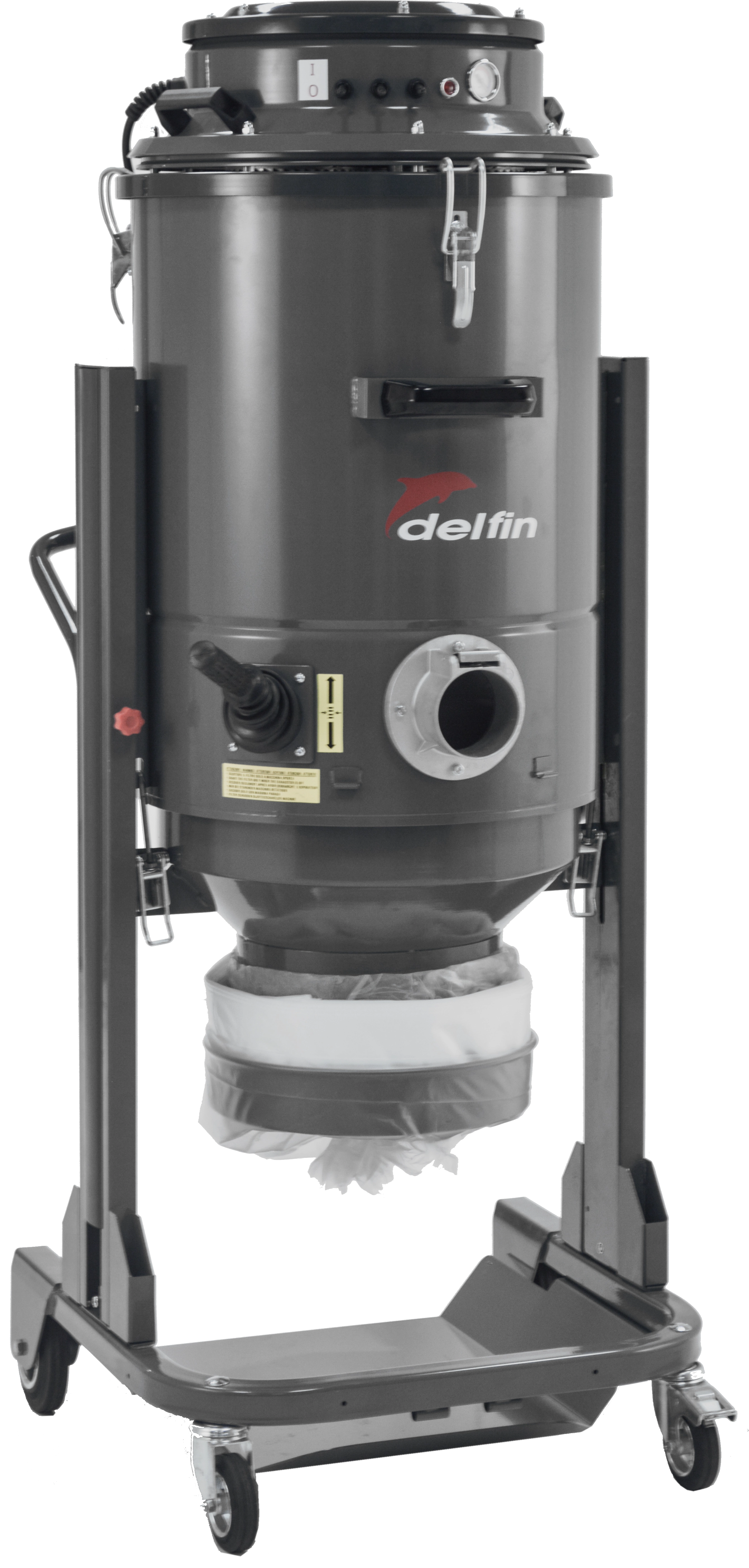 Delfin DM3 EL LP heavy-duty industrial vacuum with Longopac endless bag system and adjustable height