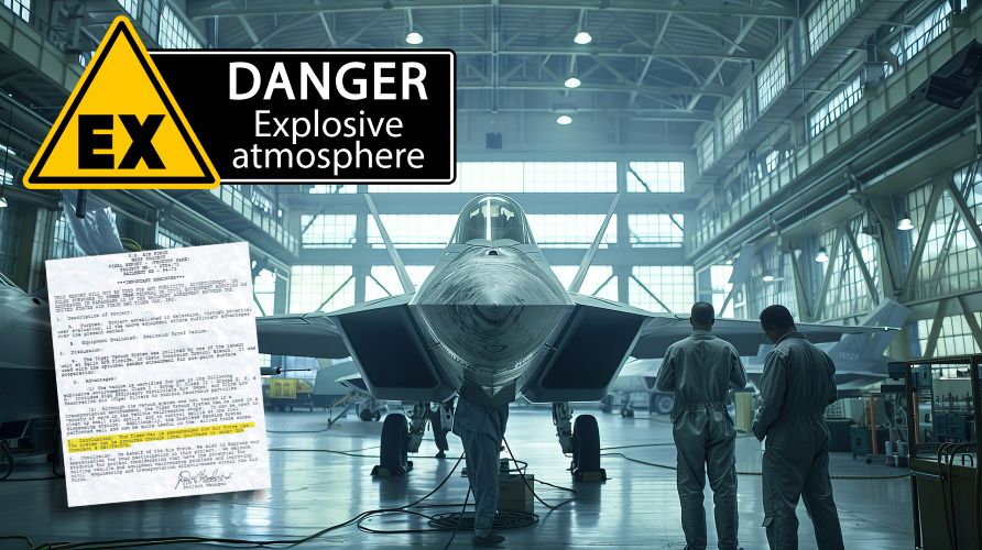 Vedligeholdelse af kampfly i hangar med EX-skilte og udvalgt dokument fra U.S. Air Force, der anbefaler Tiger-Vac