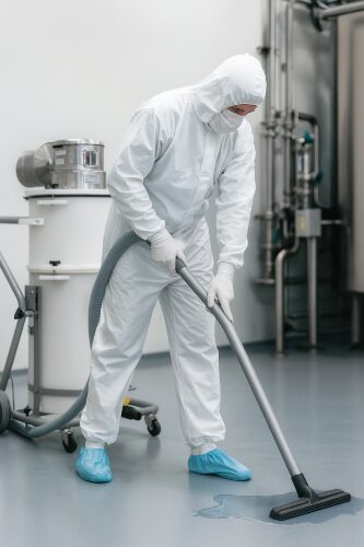 Våd- og tørstøvsuger bruges i farmaceutisk cleanroom til opsamling af væsker