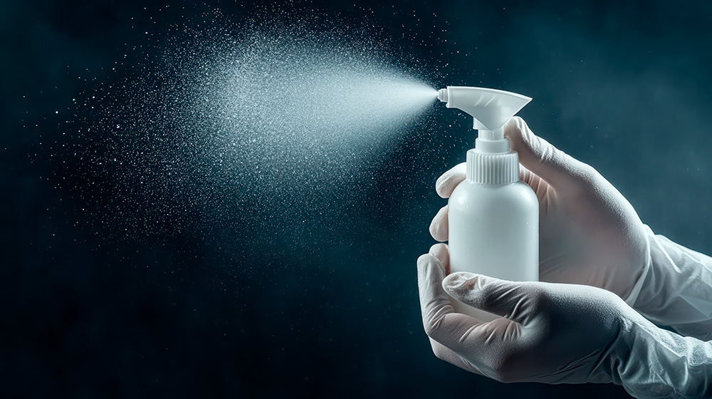 Sterile hænder med sprayflaske spreder fine aerosoler ud i luften – symbol på usynlig forurening i renrum