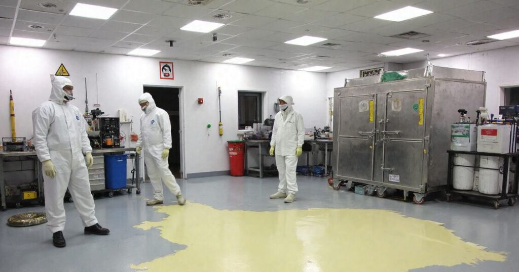 Tre operatører i renrum kigger på større kemikaliespild uden at gribe ind