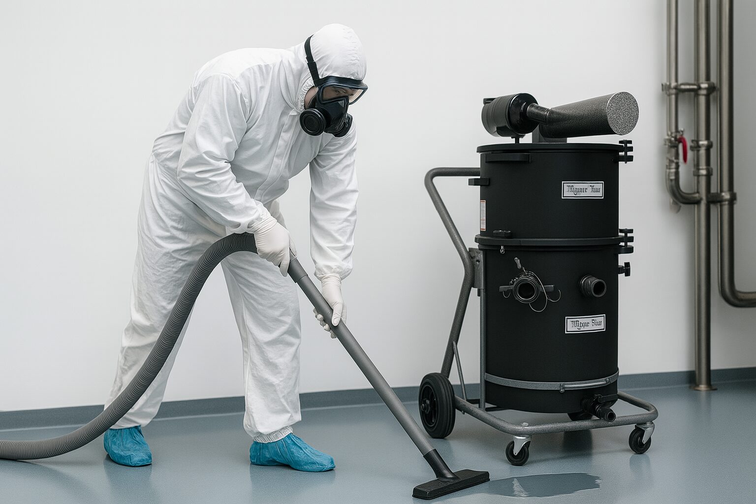 Operatør i fuld PPE opsamler kemisk væske med pneumatisk ATEX-vådsuger i pharma cleanroom