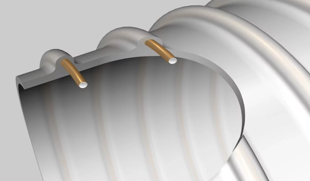 Tværsnit af AIRDUC® PUR 351 EC MD slange med fjedertråd og ledende Pre-PUR® til ATEX-sikrede installationsmiljøer