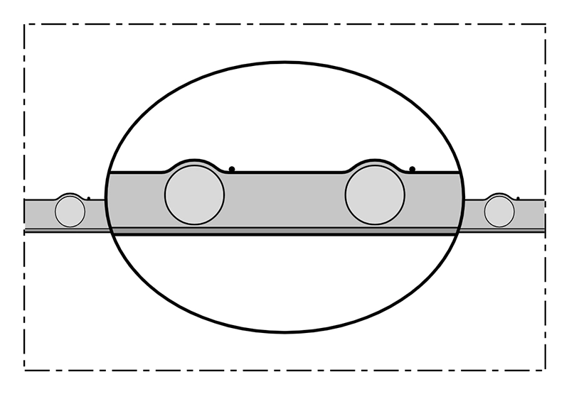 Tværsnit af BAGGERMAN NORPLAST® PUR 386 SCIROPPO® PU FOOD AS – viser PVC-spiral, PU-væg og indstøbt kobbertråd.