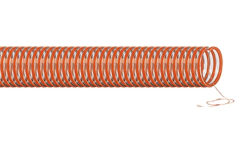 BAGGERMAN NORPLAST® PUR 386 SCIROPPO® PU FOOD AS – transparent slange med orange spiral og kobbertråd.
