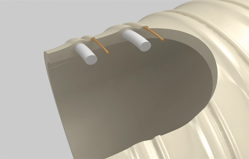 Indvendig struktur med kobbertråd og PVC-spiral – antistatisk konstruktion.