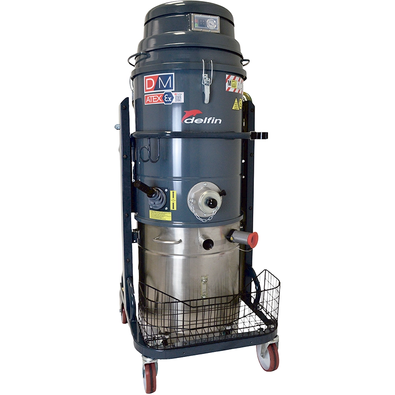 Delfin DM2 INERT 1/2D – ATEX Zone 21 støvsuger med inert olie-bad, dobbeltmotor og H14-filter til reaktivt og eksplosivt støv på skydebaner.