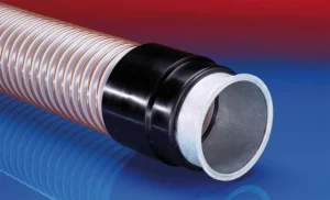 NORRES CONNECT 243 flangerør med galvaniseret flange og sort Pre-PUR® foring – vist på rød/blå baggrund.