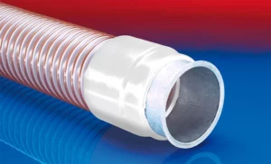 NORRES CONNECT 243 FOOD flangerør i rustfrit stål med hvid Pre-PUR® foring – fremstillet til fødevare- og farmaceutisk anvendelse.